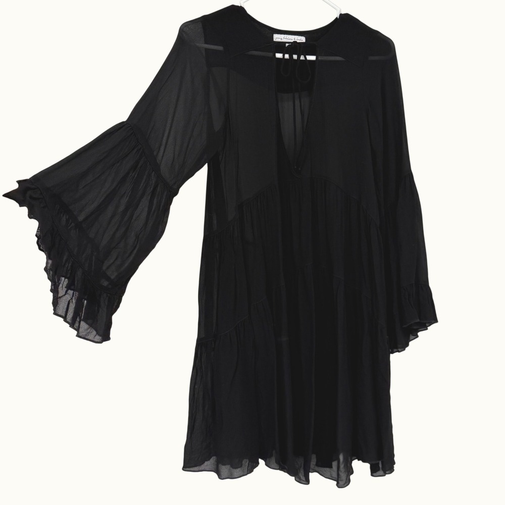 Young Fabulous & Broke Black Sheer Tiered  Babydoll Mini Dress Bell Sleeve Small